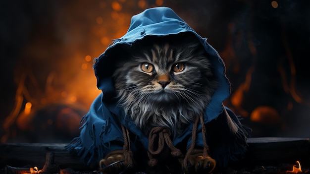 Ai generated image of a cute realistic witch black cat with blue eyes