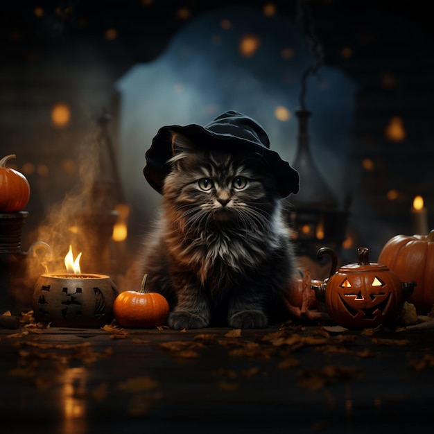 Ai generated image of a cute realistic witch black cat with blue eyes