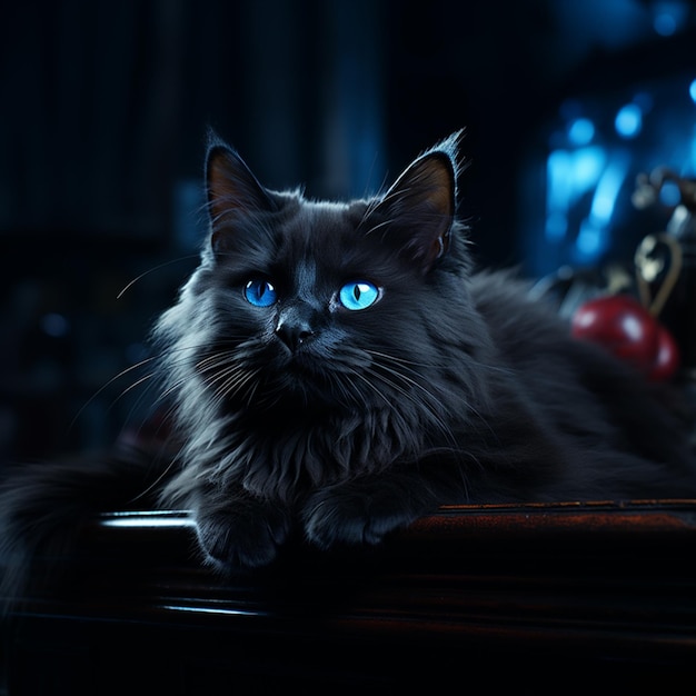 Ai generated an image of a cute realistic witch black cat with blue eyes