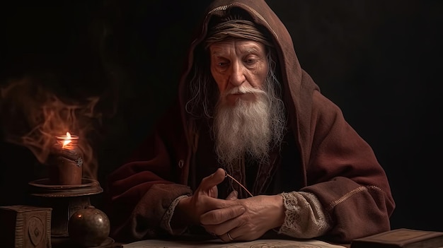 AI generated image Elderly sorcerer or wizard practicing his magic tricks in his laboratory