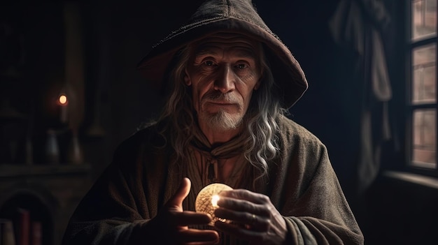 AI generated image Elderly sorcerer or wizard practicing his magic tricks in his laboratory