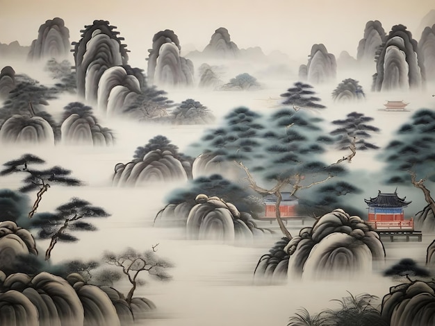 AI generated image of a fabric painting of a traditional Chinese serene landscape