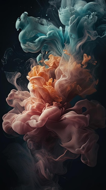 AI generated image of a fractal design of multicolor smoke blends on a black background