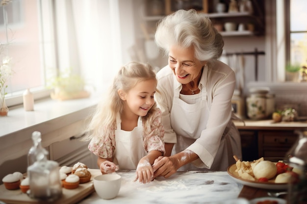 AI generated image of grandma with granddaughter baking High quality photo