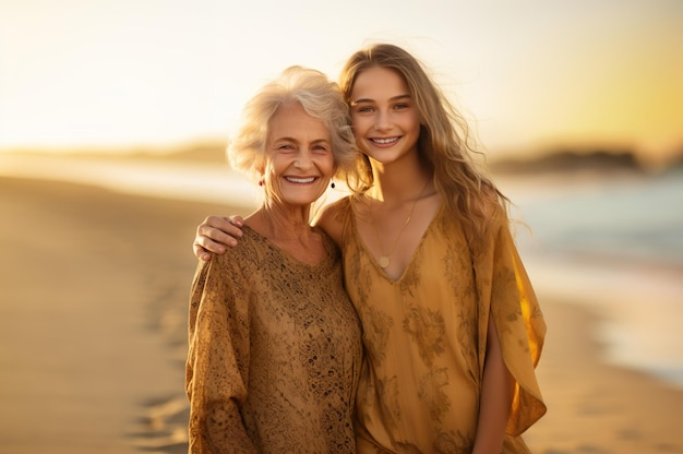 AI generated image of grandmother with grandchildren on beach High quality photo