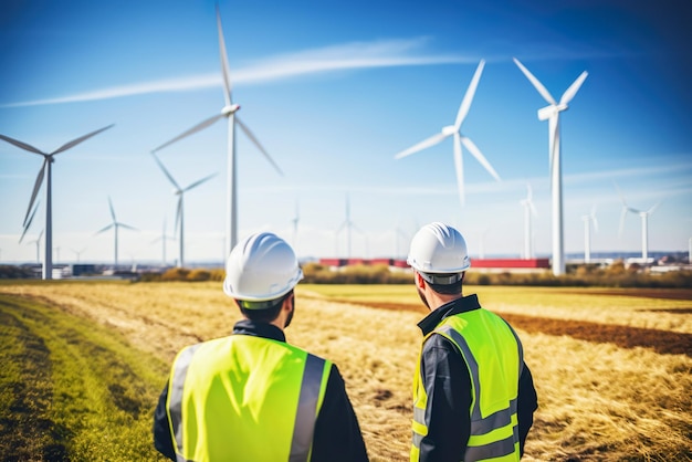 AI generated image of group of engineers field of windmills High quality photo