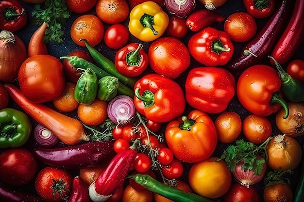 AI generated image Many different colorful and moist vegetables on a table