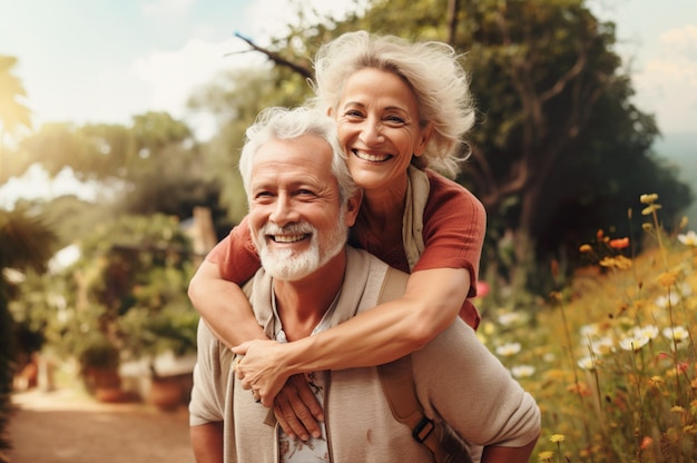 AI generated image of mature senior couple in park on piggyback High quality photo