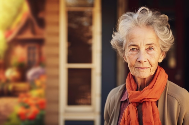 AI generated image of mature senior female in front of house High quality photo