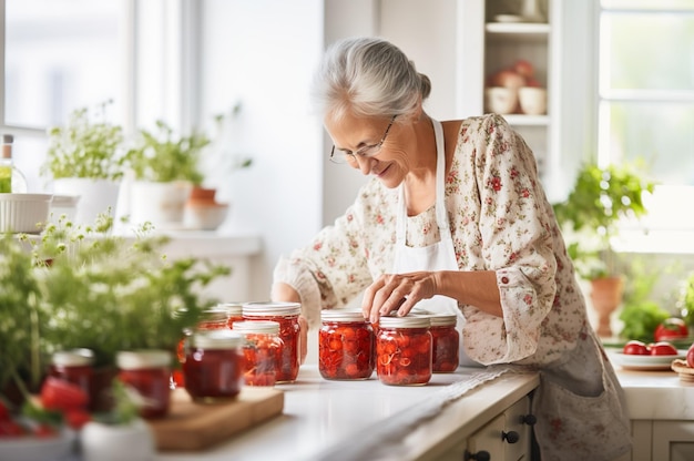 AI generated image of mature senior making preserves High quality photo