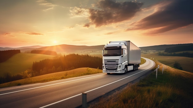 AI generated image of modern large trailer driving down an empty road at sunset Logistics company Freight transportation Fast delivery