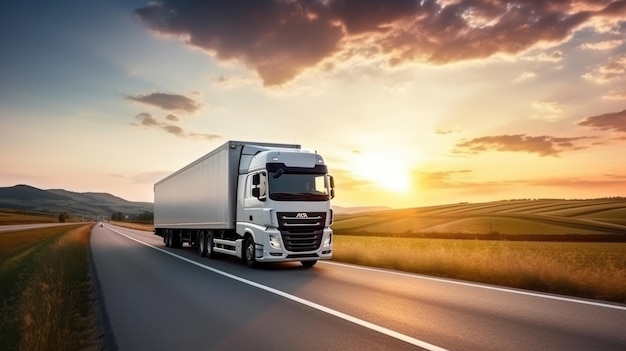 AI generated image of modern large trailer driving down an empty road at sunset Logistics company Freight transportation Fast delivery