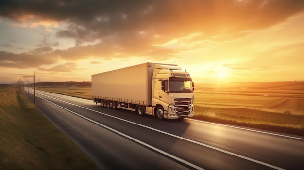 AI generated image of modern large trailer driving down an empty road at sunset Logistics company Freight transportation Fast delivery