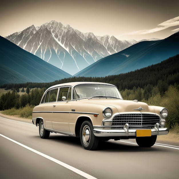 Ai generated image of oldtimer car on the road with mountains in the background