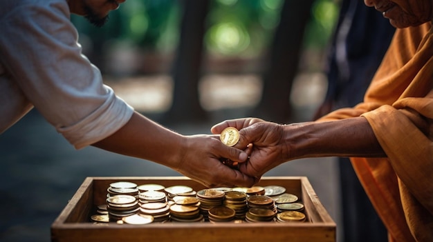 AI generated image photo of a person giving alms hands putting coins into the infaq box