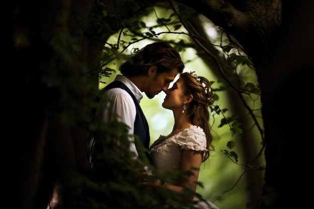 AI generated image of wedding couple in the park or forest High quality photo