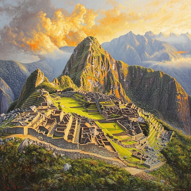 Photo ai generated images machu picchu in a peaceful sunset2