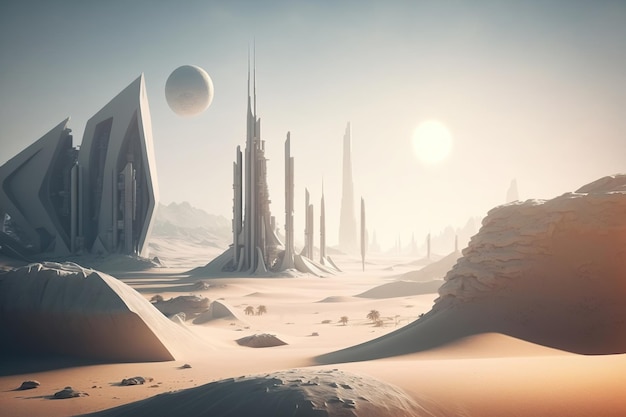 Ai generated incredible world future city surreal buildings at morning light