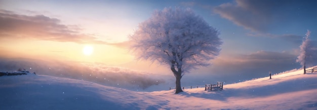 Photo ai generated magical winter sunrise over a snowy landscape with frost covered trees