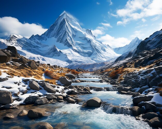 AI generated majestic snow capped mountain in winter