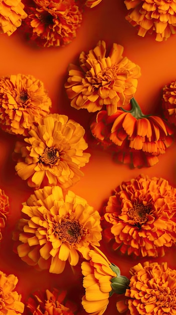 AI generated Orange marigold flowers on orange background Top view Flat lay