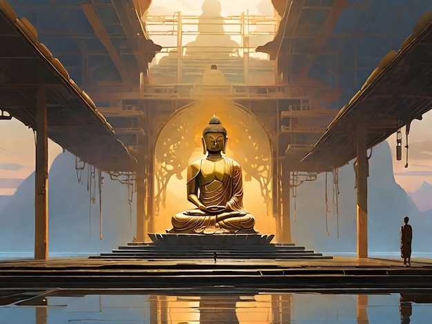 AI generated painterly image of the giant buddha on a different environmet platforms