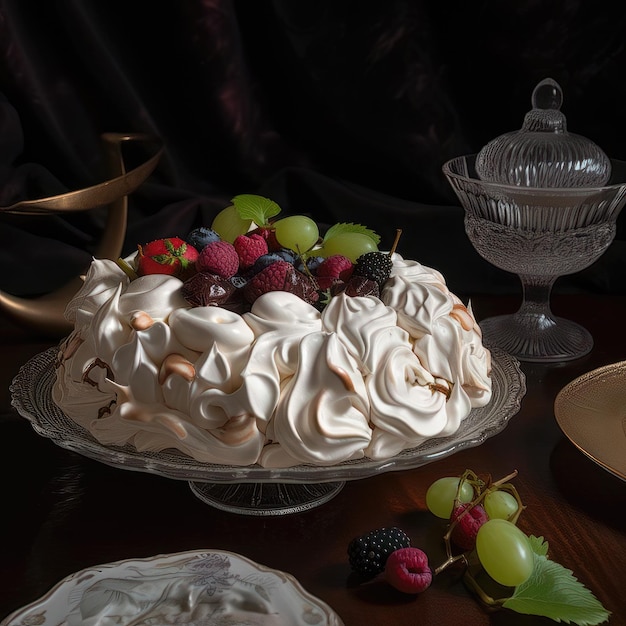 AI generated Pavlova cake with cream and fruit