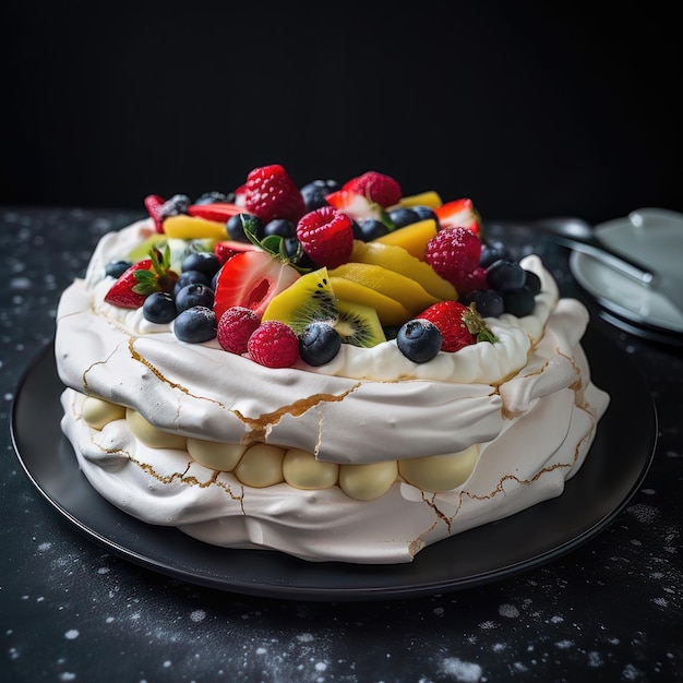 AI generated Pavlova cake with cream and fruit