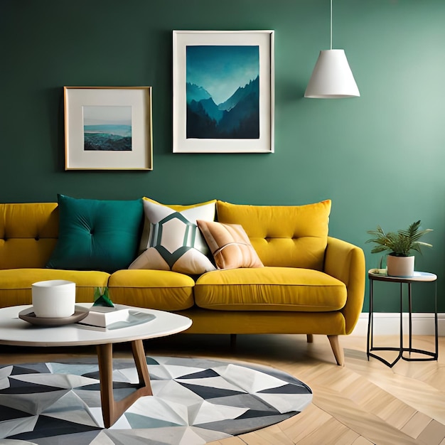 Ai generated photo golden lines on green wallpaper a table a chair and a vase with minimalist style