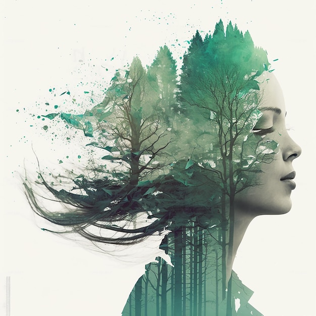 AI generated photo illustration double exposure of woman with closed eyes and green forest with lea