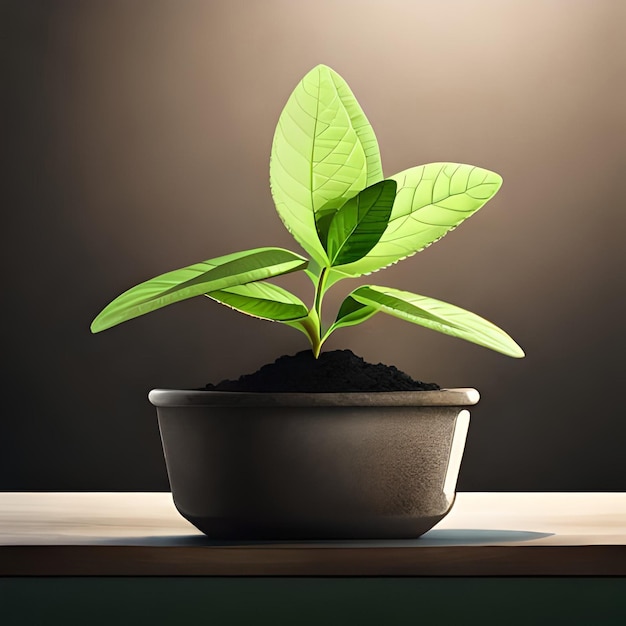 Ai generated photo illustration of growing mint plant in green pot with loamy soil placed on table