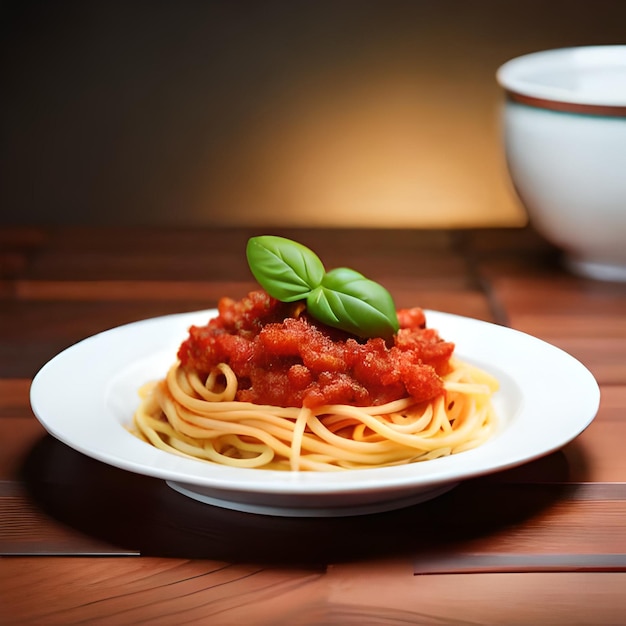 Ai generated photo illustration of high angle of appetizing spaghetti with nudus sauce and green