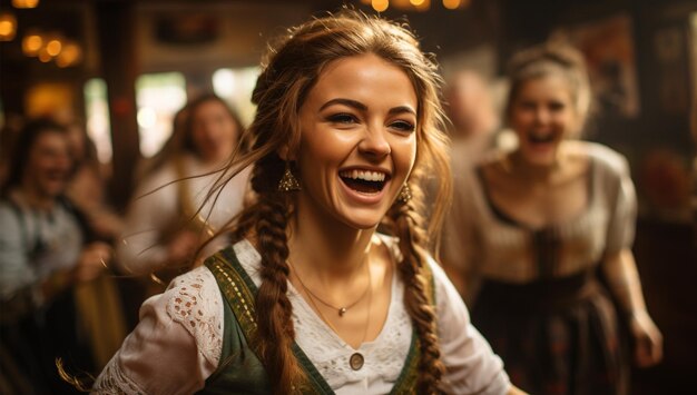 AI generated picture of a woman wearing traditional bavarian costume celebrating beer octoberfest