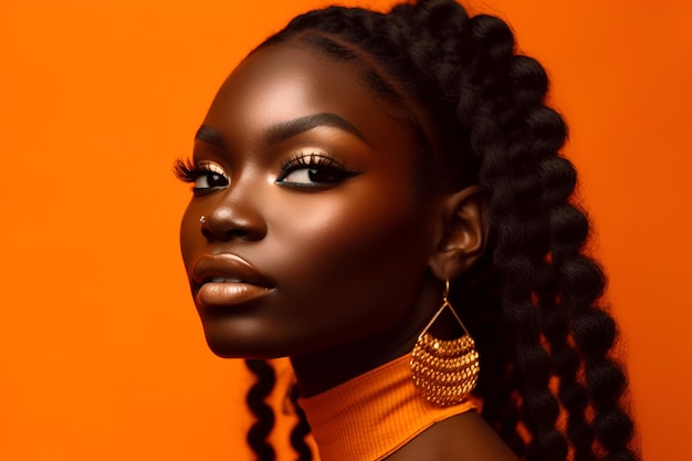 Ai generated portrait of beautiful african dark skin woman on color background