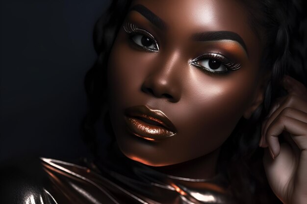 Ai generated portrait of beautiful african dark skin woman on color background