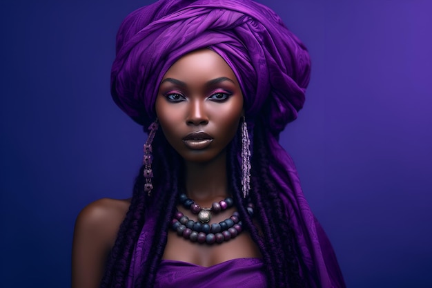 Ai generated portrait of beautiful african dark skin woman on color background