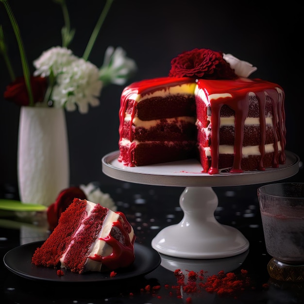 AI generated Red velvet cake on a black background toning selective focus