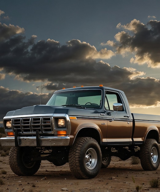 Photo ai generated representation of a rugged 1978 f150 late afternoon dirt road