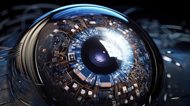 Ai generated Robot eyeball closeup with blue pupil scanning an eye