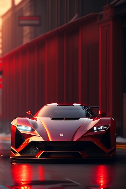 AI generated sports car image in red colour cyberpunk style car on planet mars