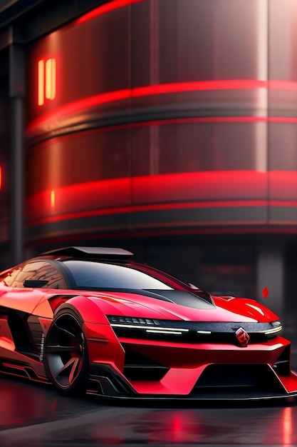 AI generated sports car image in red colour cyberpunk