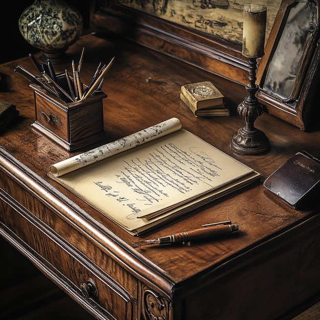 Ai Generated Vintage writing desk with classic stationery