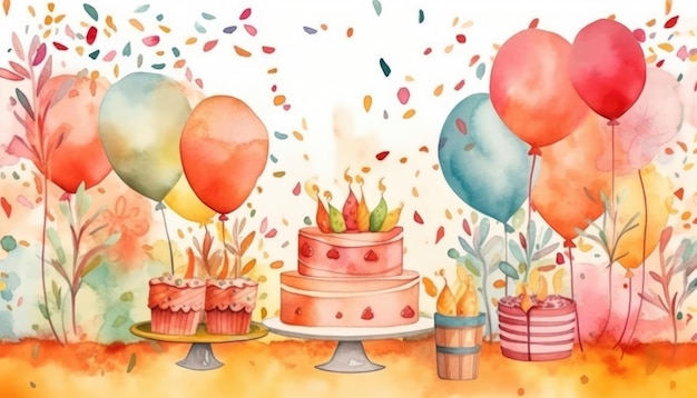 The AI generated watercolor illustration depicts a birthday celebration concept Generative AI