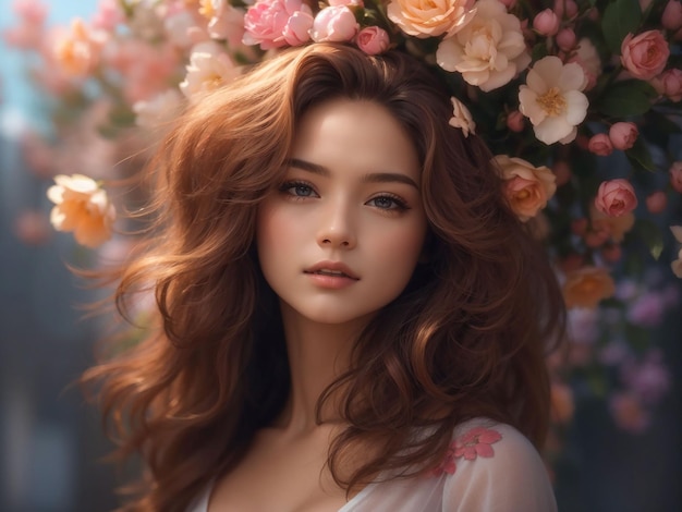 Ai generated of woman bloom portrait