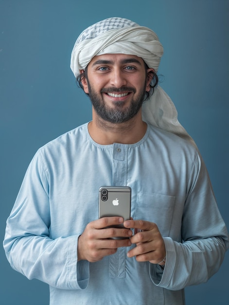 ai generated young arabic man holding a phone in his hands smiling happily