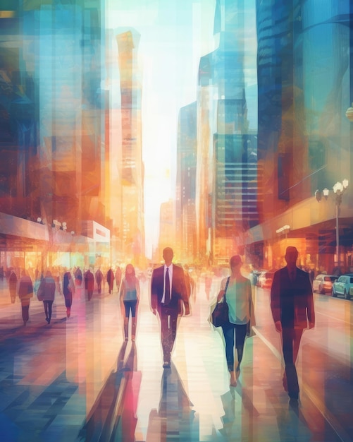 AI generates blurred walking businessmen in the city Illustration Generative AI