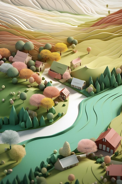 AI Generative 3D Field Cut Wallpaper A Charming English Countryside with a Meandering River and Wild