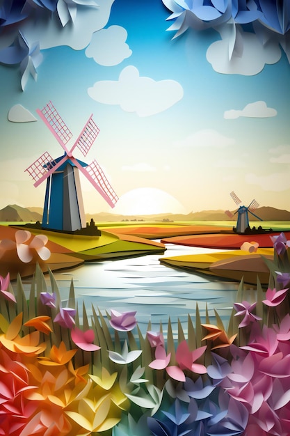 AI Generative 3D Origami Field Cut Wallpaper A Charming Windmill Scene with Vibrant Tulip Fields