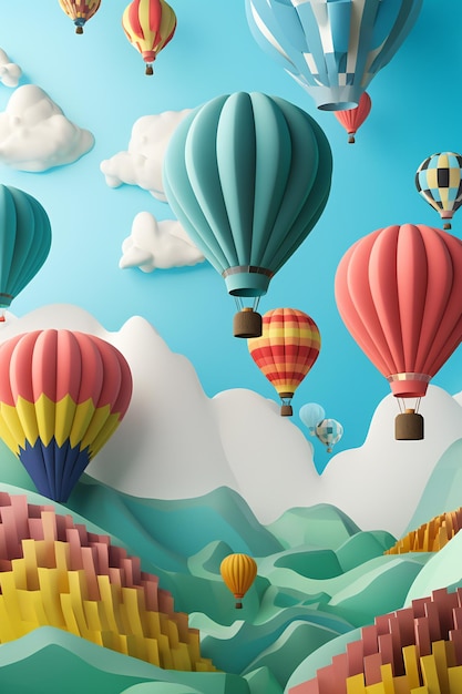 AI Generative 3D Origami Field Cut Wallpaper A Hot Air Balloon Extravaganza in the Sky