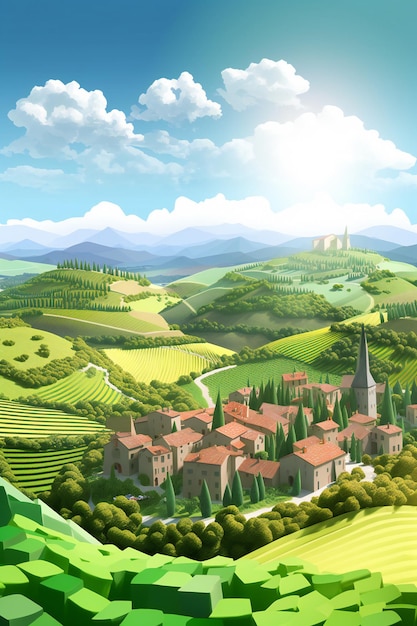 AI Generative 3D Origami Field Cut Wallpaper A Picturesque European Village in the Rolling Hills